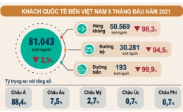 Năm tháng đầu năm, khách quốc tế tiếp tục giảm mạnh